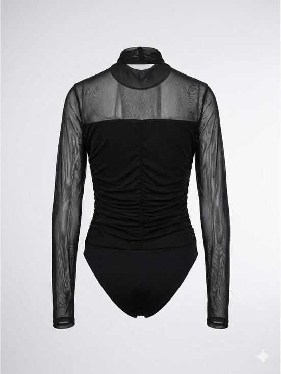 Tops - 2/$20✨ Avidlove Black Mesh Bodysuit Sheer Ruched Long Sleeve Mock Neck XL